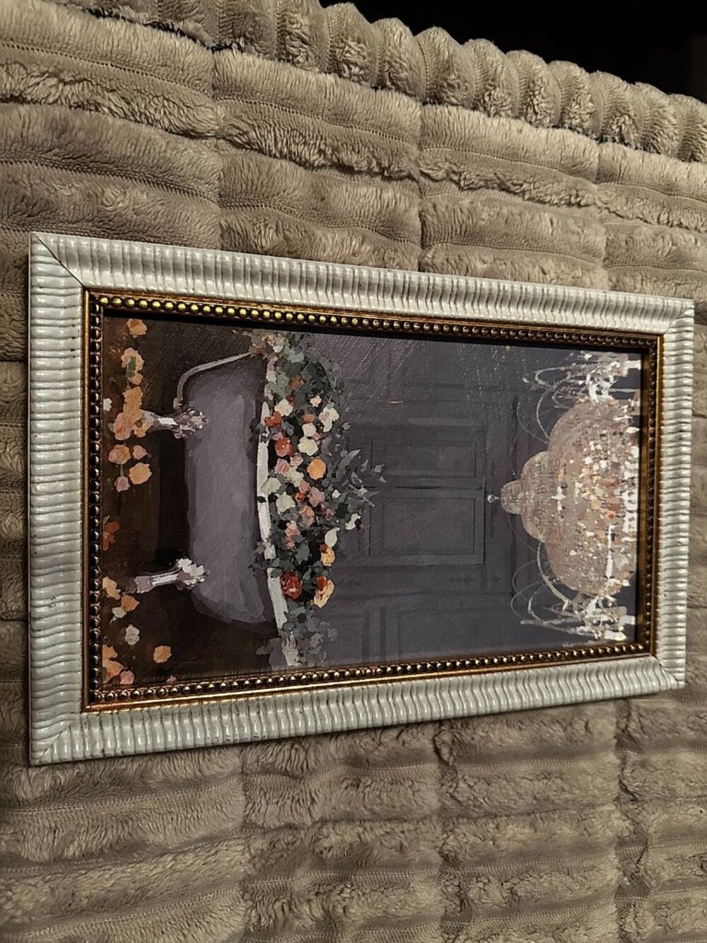 Framed Bathroom Picture Wall Art Grey/White/Peach in White and Gold Beaded Frame